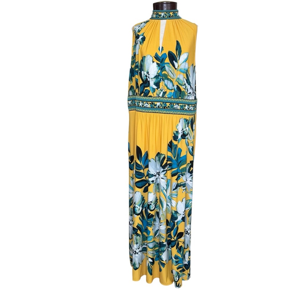 Wisp Blue Yellow Floral Keyhole Detail Sleeveless Stretchy Midi Maxi Dress 14W